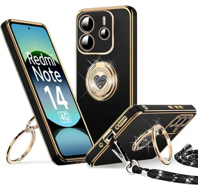 Image de Coque pour Xiaomi Redmi Note 14 4G, Silicone Souple Anti-Rayures avec Anneau Motif Cœur et Cordon - Noir