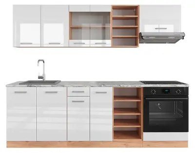 Image de Cuisine Vicco R-Line Blanc brillant/Chêne doré 240cm , PT Marbre, Model 43319