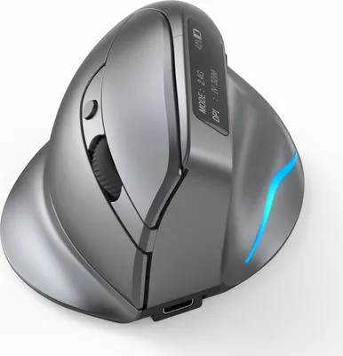 A close-up, angled view of a gray vertical ergonomic mouse.