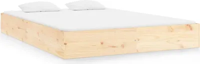 A wooden bed frame with two white pillows on a white background.