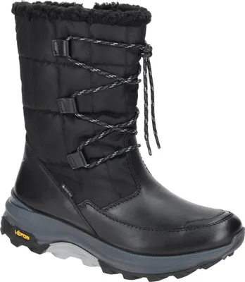 A single black winter boot is shown against a white background.