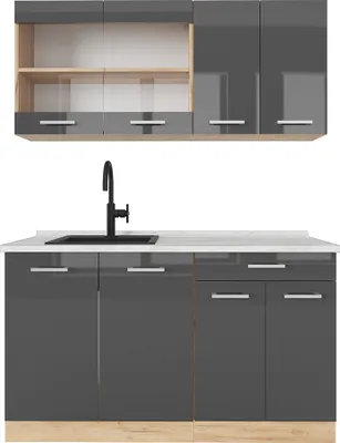 Produktbild von Singleküche Vicco R-Line Anthrazit Hochglanz/Goldkraft Eiche 140 cm , AP Marmor, Model 42952