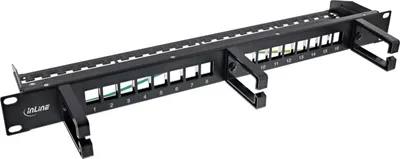 Produktbild von InLine Patchfeld 16-fach, Keystone Leerblech mit 3 Bügeln, 19", 1HE, schwarz, 1U, Schwarz, 150 x 480 x 50 mm, 150 mm, 50 mm, 480 mm
