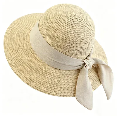 Imagen del producto de Sombrero de paja para mujer, con ala ancha, protección UPF 50+, color beige, con cinta para la barbilla, ideal para el verano