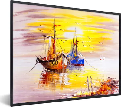 Produktbild von MuchoWow® Gerahmtes Poster Malerei - Boot - Wasser - Ölfarbe 80x60 cm - Poster mit Schwarzem Bilderrahmen Wandposter Rahmen Foto Bilder - Schwarzem - Mit Gestell
