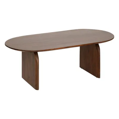 A wooden coffee table with an oval top and two curved legs, shown against a white background.