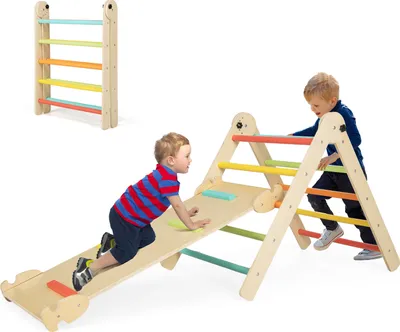 Produktbild von GOPLUS Kletterdreieck mit Rutsche, Klettergerüst Indoor, Sprossendreieck aus Holz mit Dreiecksleiter & Kletterrampe, Montessori Spielzeug zum Rutschen und Klettern, für Kinder ab 3 Jahren (Bunt)