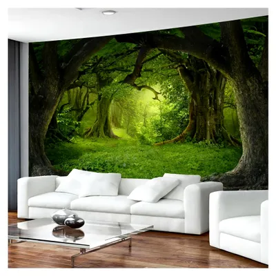 Produktbild von Wandteppich Wald, Wandtuch Baum, Wandbehang Nebel, Natur Landschaft, Boho Deko Schlafzimmer, Grün, Extra Groß 300x180cm