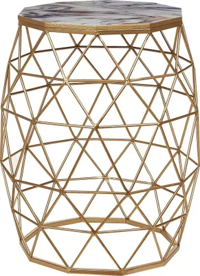 A gold metal geometric side table with a marble-look top.