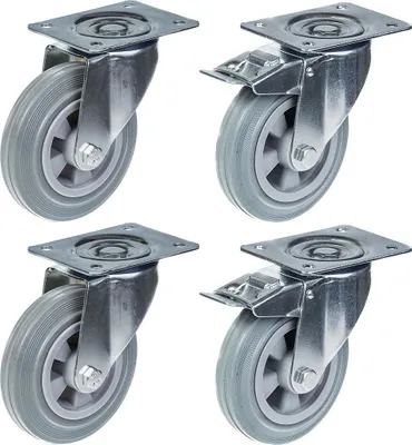 Image de roulette 160mm 6" à bandage caoutchouc gris, pivotante et avec frein, forte capacité de 540kg, jeu de 4