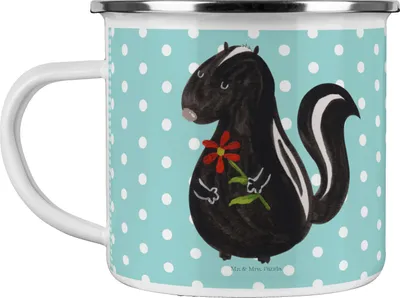 Produktbild von Mr. & Mrs. Panda Emaille Tasse Stinktier Blume - Türkis Pastell - Geschenk, Campingbecher, Teetasse, Skunk, Blechtasse, Raubtier, Tagträumer, Träume, Kaffeepott, Dreams