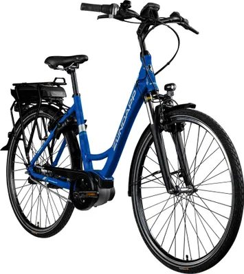 A blue electric bicycle is shown against a white background.
