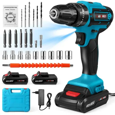 Image de Perceuse-visseuse sans fil 21V - Percuteur - 1600 tr/min - 2 batteries - Vitesse variable - Pour bois, métal, maçonnerie - Bleu