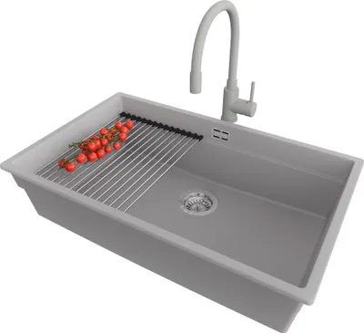 Produktbild von PRIMAGRAN Granitspüle Grau 76x47cm, Spülbecken 1 Becken + Küchenarmatur 38x14cm + Ablauf-Set + Küchenzubehörset, Küchenspüle ab 80er Unterschrank - Praga Slim