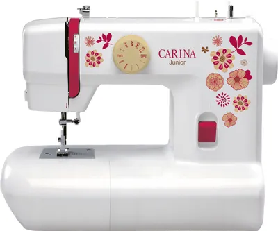 A white sewing machine with pink and orange floral decorations, labeled "CARINA Junior".