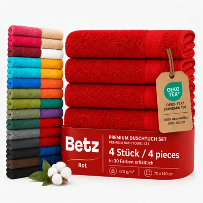 Immagine prodotto di Betz, set di 4 asciugamani da doccia, 70 x 140 cm, , 100% cotone, ideali anche come telo da spiaggia. Colore: rosso, Immagine generata dall'IA