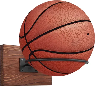 Obrázek produktu pro Držák na míče, vyrobený z dřeva a oceli, vhodný pro basketbalové, fotbalové a ragbyové míče, 1 kus, určený k montáži na zeď