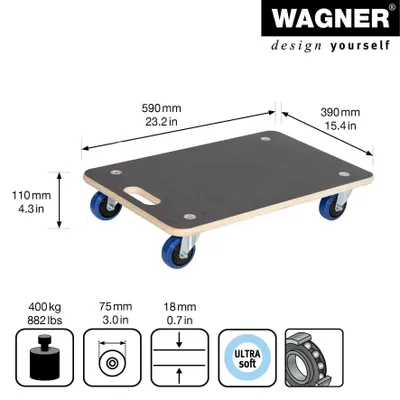 Produktbild von WAGNER Transporthilfe MAXIGRIP - 59 x 39 x 11 cm, Softrollen, Kugellager Ø 75 mm, Tragkraft 400 kg - 20161301