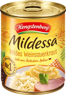 A can of Hengstenberg Mildessa Wein Sauerkraut with a serving of mashed potatoes and ham.
