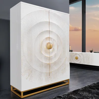 Produktbild von riess-ambiente Barschrank GOLDEN SUNSET 140cm weiß gold Mangoholz Metall mit 3D Schnitzereien 24 Flaschen