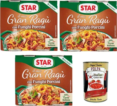 Produktbild von Star Il mio Gran ragù 'Con Funghi Porcini', ragu sauce mit Steinpilzen, N.1 in Italien, mit 100% italienischem Fleisch, 3 Packung mit 2 Dosen à 180g + Italian Gourmet polpa 400gr