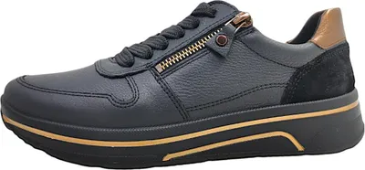 A single black sneaker with gold accents is shown against a white background.