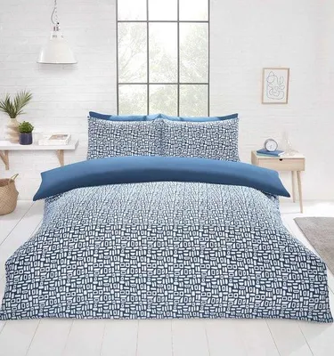 Image de Ensemble de literie en microfibre Unyqoos®, bleu, 2 pièces – comprenant une housse de couette avec un motif géométrique abstrait, 180 fils, sans repassage, fermeture à boutons-pression, pour lit double