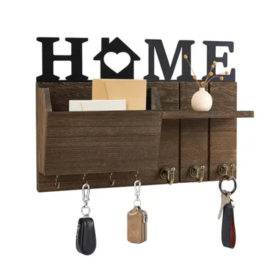 Produktbild von Wandregal Schlüsselbrett Holz, Schlüsselhalter mit Ablage, 7 Haken, Wandmontage für Flur, Eingang, Wohnzimmer, Schwarz