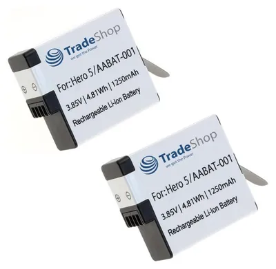 Produktbild von 2x Trade-Shop Li-Ion Akku 3,85V 1250mAh für GoPro Hero 8, HERO8 Black - ersetzt AABAT-001, AHDBT-501, CHDHX-501, CS-GDB501MX, 601-10197-00, 60385-91012