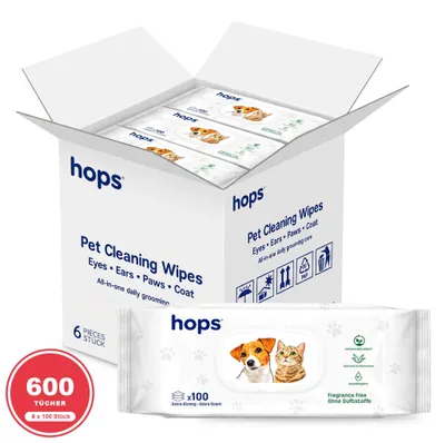 Produktbild von HOPS Tier-Reinigungstücher für Hund und Katze, 6 x 100 Stück, parfumfrei, mit Aloe Vera & Kamille, extra stark, kompostierbar, plastikfrei