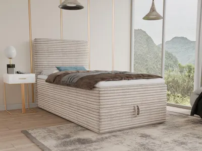 A bedroom scene with a bed, nightstand, and a large window overlooking a mountainous landscape.