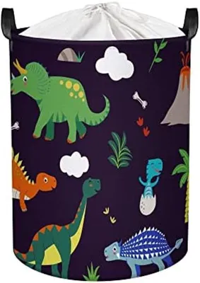 Produktbild von PolkaHome® 45L Wäschekorb Dinosaurier faltbar wasserdicht mit Henkel – Aufbewahrungsbox für Kinder, 36x36x45 cm, Schwarz
