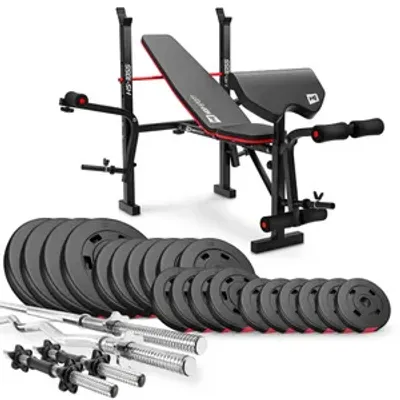 Produktbild von Hop-Sport zusammenklappbare Hantelbank HS-1055 - mit Curlpult, Butterfly und Beincurler - inkl. 105 KG Hantelset Lang-, Curl- & Kurzhantelstange, Gewichte 4x10+6x5+4x2,5+6x1,25