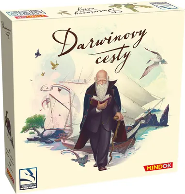 The image shows the front of a board game box with an illustration of Charles Darwin and ships.