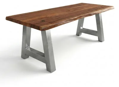 Produktbild von Baumkantentisch Cali 260 x 100 cm, Akazienholz massiv nussbaumfarben, 50 mm Tischplatte, Esstisch mit A-Metallgestell Silber, Industrial-Design