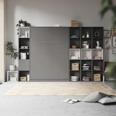 Produktbild von SMARTBett WOHNWAND Schrankbett 140x200 Vertikal mit Regalen Anthrazit /Weiss