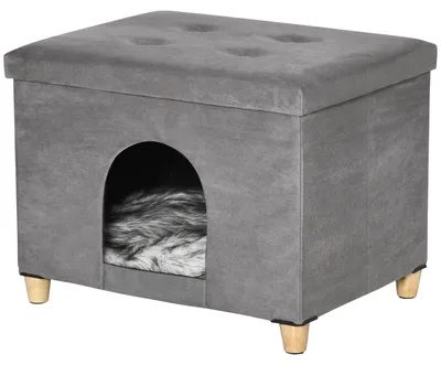 Productafbeelding van PawHut 2-in-1 kattenhol/voetenbankje met kussen, houten poten, grijs