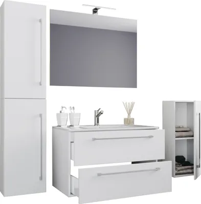 Immagine prodotto di 5 parti Set | 1 lavabo con due cassetti, 1 specchio, 1 lavabo, 1 lavabo, 1 gabinetto alto | Lavabo in Vetroceramica | Lavabo appeso 60 cm | Set mobili da bagno