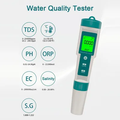 Obrázek produktu pro Multifunkční digitální tester kvality vody 7 v 1 Přenosný test kvality vody s vysokou přesností Nástroj pro měření kvality vody Měření PH/TDS/EC/Slanost/ORP/S.G/Temperatura