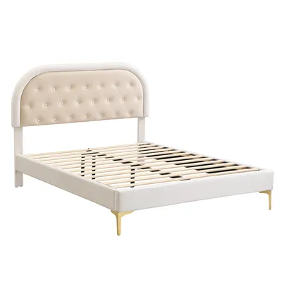 Produktbild von Polsterbett 140x200cm Kinderbett (ohne Matratze) Doppelbett Jugendbett Mit Lattenrost und Metallfüßen Gebogenes Kopfteil Samt Beige