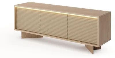 Image de Meuble TV moderne DEMI de 154 cm avec éclairage LED, 3 portes, en chêne Bolivar naturel, avec façades rainurées couleur cappuccino