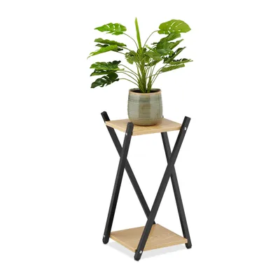 Obrázek produktu pro Stojan na květiny Relaxdays, 2 patra v imitaci dřeva, kov, MDF, moderní květinový stolek, 57 x 29 x 29 cm, černá/světle hnědá