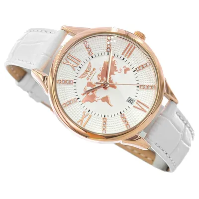 A white leather strap watch with a rose gold case and a white dial featuring a world map.