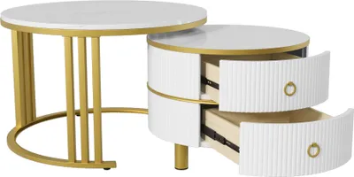 A white and gold nesting side table set with two drawers.
