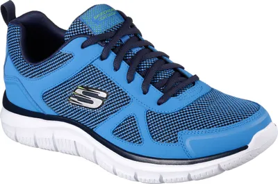 A single blue Skechers sneaker is shown against a white background.