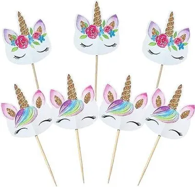 Einhorn Torten Dekoration, 48 Stück, bunte Motive, Partyzubehör