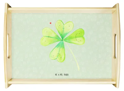 Produktbild von Mr. & Mrs. Panda Sofa Tablett Blume Kleeblatt - Blattgrün - Geschenk, Bett-Tablett, Jobwechsel, Umzug, Glück, Blumen, Serviertablett, holz, Glücksbringer, Holztablett