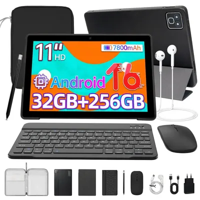 Image de Tablette JENBIZZ 11'', Android 16, avec 256 Go (1 To via carte TF), 32 Go de RAM, batterie 7800 mAh, WiFi 6, 2-en-1 avec clavier, stylet, étui et sac, couleur noire