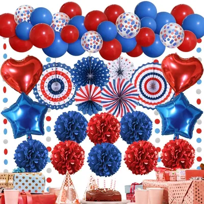 Produktbild von Partydeko Set Rot Blau für Geburtstage & Feiern, 6 Papierfächer, 8 Pompons, 4 Folienballons, 25 Ballons