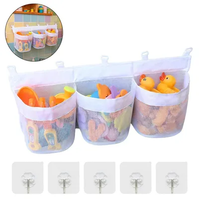 Produktbild von Badewannenspielzeug Aufbewahrung, 60 cm langer Mesh-Organizer mit 3 Fächern und Haken für die Badespielzeug-Aufbewahrung
